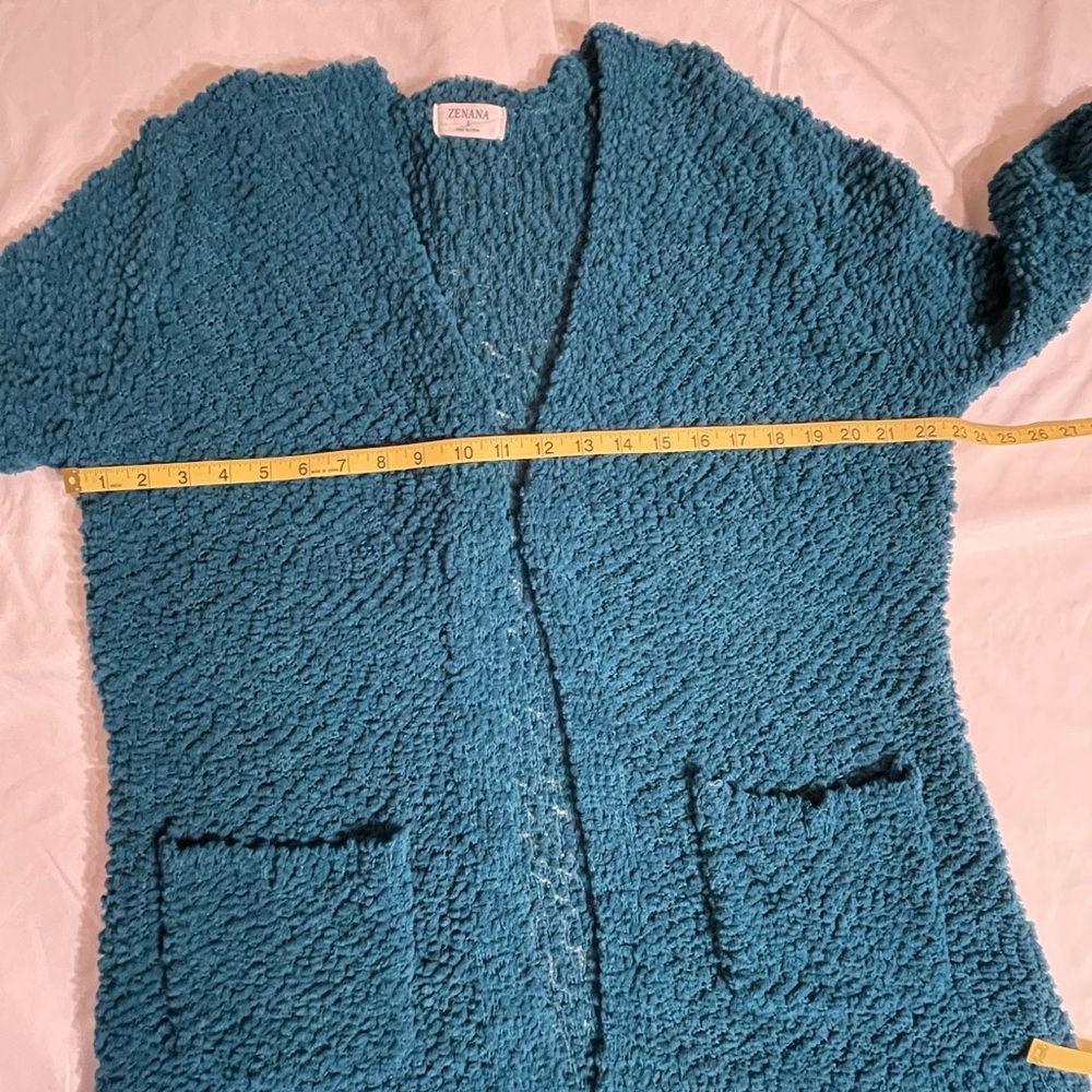Zenana Teal Popcorn Knit Open Front Cardigan with 2 pockets Size L - Picture 7 of 11